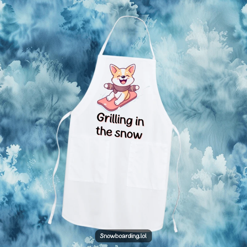Funny apron with a happy dog gleefully snowboarding down a snowy slope, perfect for adding humor to kitchen tasks.