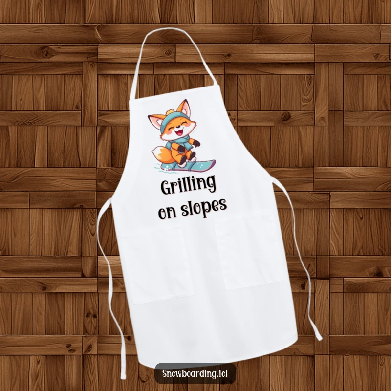 Funny apron showing a joyful fox catching air on a snowboard, grinning, ready to bring fun to the kitchen.