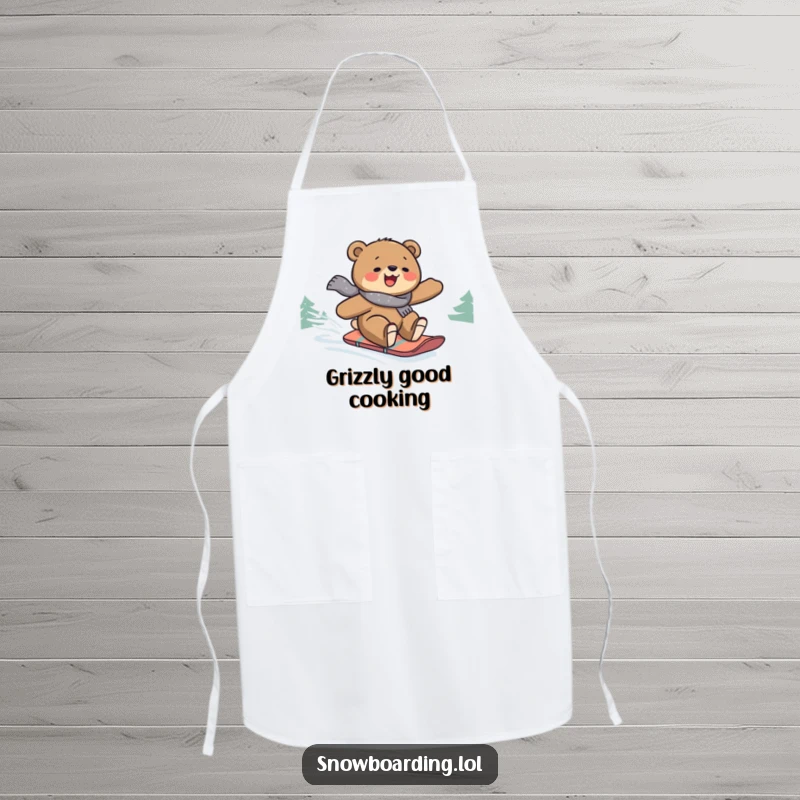 Funny apron with a joyful bear snowboarding, perfect for adding humor to cooking and kitchen activities.