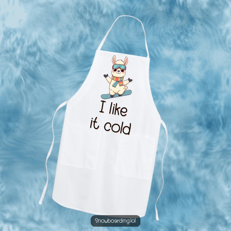 Funny Llama Snowboarder Apron: A cool llama posing on a snowboard, ideal for kitchen protection with a humorous twist.