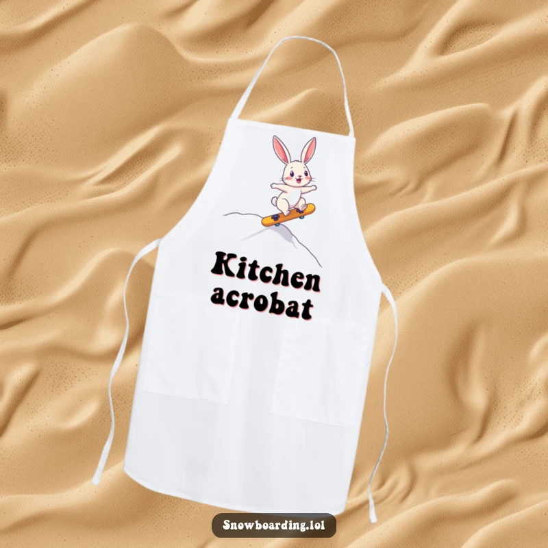 Funny apron featuring a bouncing bunny precariously riding a board downhill, perfect for adding humor to kitchen duties.
