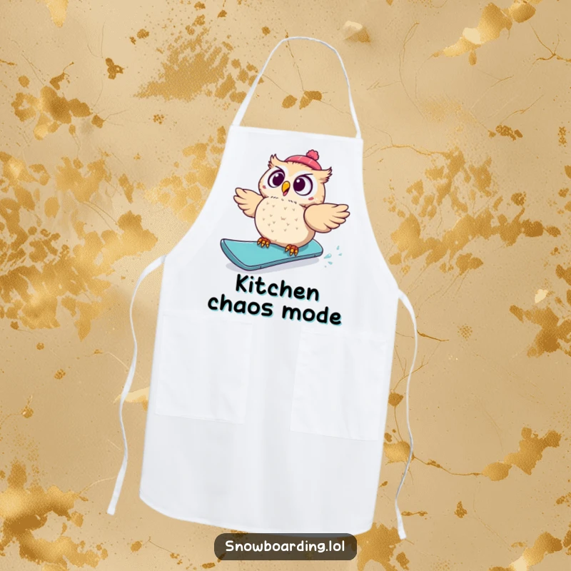 Funny apron depicting a startled owl comically falling off a snowboard mid-turn, adding a humorous twist to kitchen wear.