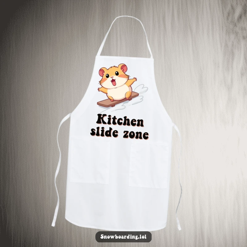 Funny apron showing a surprised hamster comically tumbling down a snowy slope on a snowboard, ready for kitchen adventures.