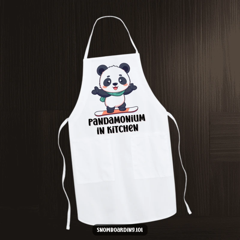 Funny apron with a determined panda balancing on a snowboard, perfect for adding humor to kitchen activities.