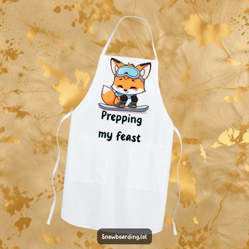 Funny curious fox inspecting snowboard bindings, depicted on a humorous apron for a clever and practical cooking experience.