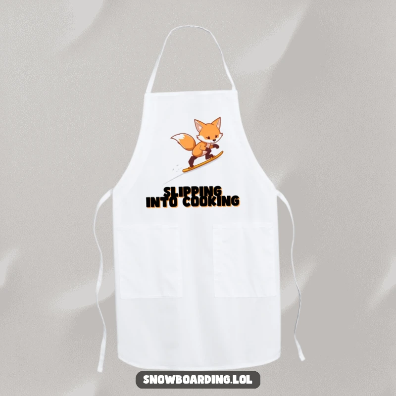 Funny fox skiing apron, showing a determined fox gliding down a snowy slope, perfect for kitchen fun.