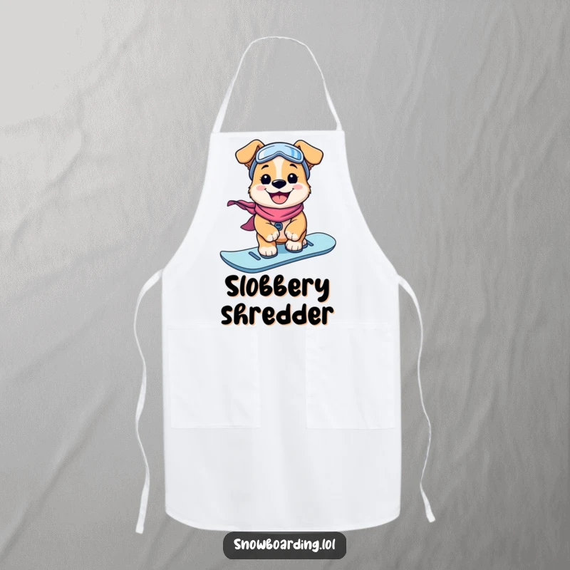 Funny Apron: A grinning puppy confidently rides a snowboard, adding a humorous touch to cooking or baking.