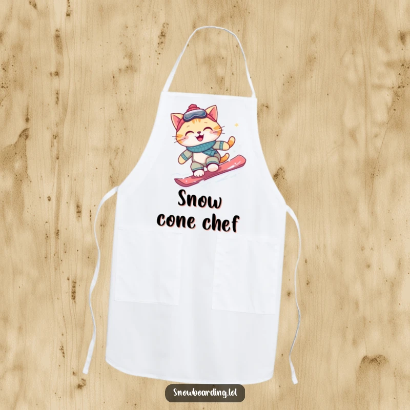 Funny snowboarding cat apron, a happy cat with a snowboard, ready to tackle any kitchen task with a smile and flair.