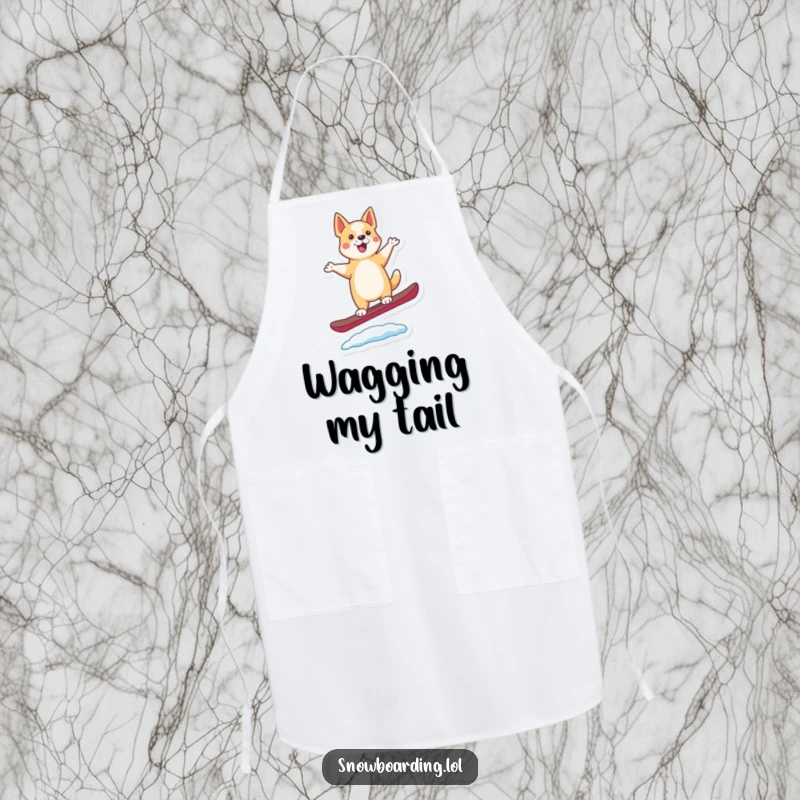 Funny apron with a happy, dancing dog balancing perfectly on a snowboard, its tail wagging with excitement.