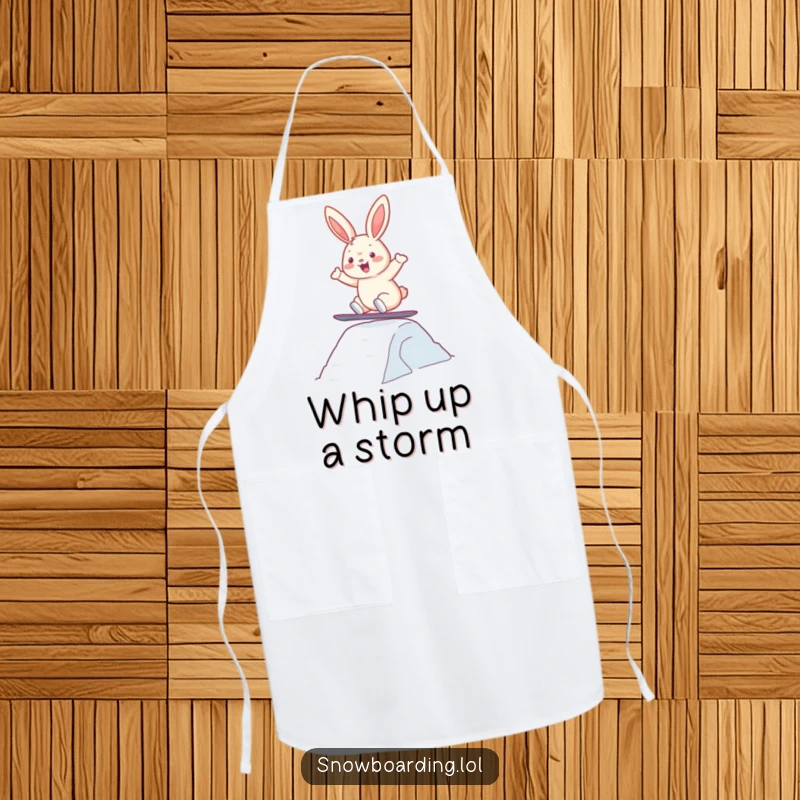 Funny apron with a cheerful bunny snowboarding and jumping, perfect for adding humor to kitchen activities.