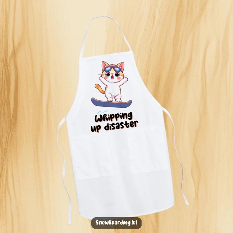 Funny surprised cat mid-snowboard trick, looking startled, adorning an apron for a comical and practical kitchen accessory.