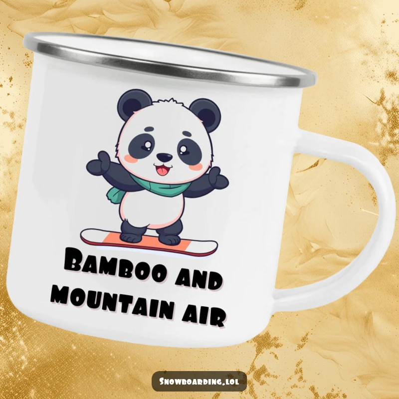 Funny camping mug with a determined panda balancing on a snowboard, perfect for enjoying drinks outdoors with humor.