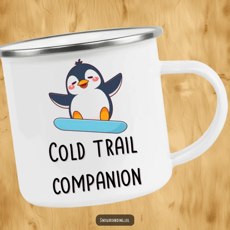 Funny penguin snowboarder camping mug, a silly penguin with flailing arms trying a snowboard spin, ready for outdoor fun.