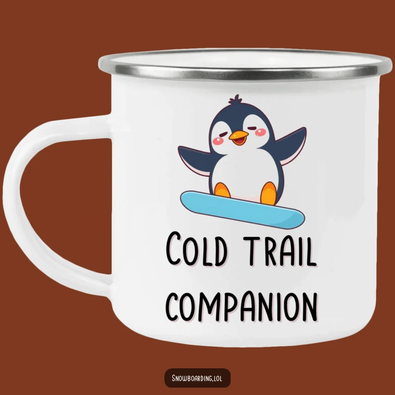 Funny Penguin Snowboarder Camping Mug: Outdoor Gift for Silly Adventurers