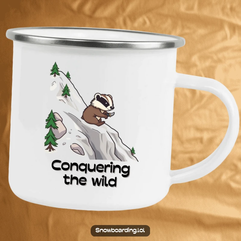Funny camping mug with a brave badger confidently snowboarding down a mountain, carving smooth turns outdoors.
