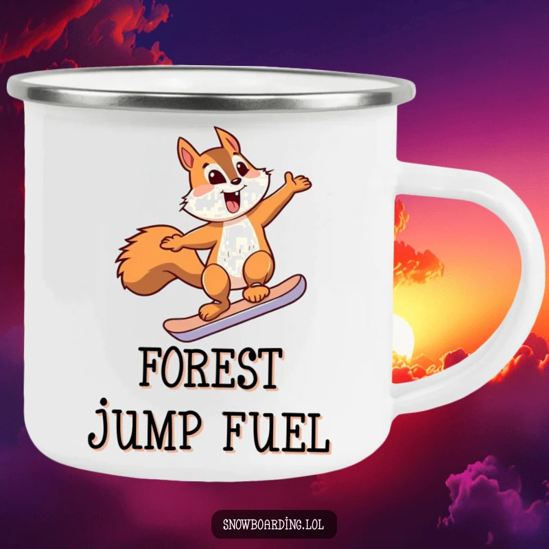 Funny squirrel snowboard jump camping mug showing a squirrel mid-jump, durable and perfect for outdoor fun with a humorous twist.