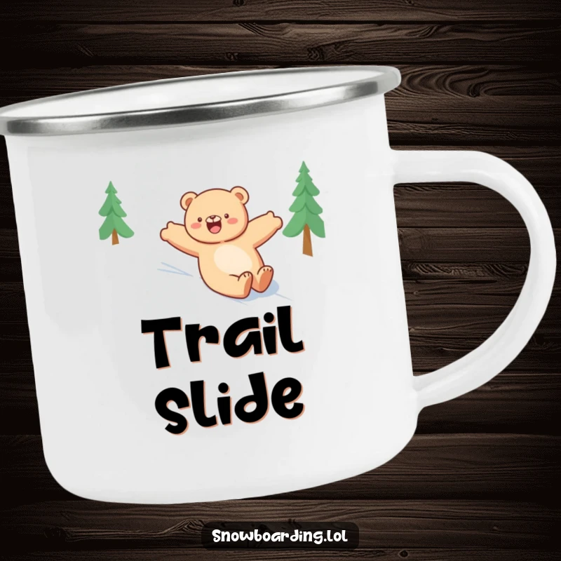 Funny bear camping mug, happily sliding down a snowy slope with arms outstretched, perfect for outdoor winter enjoyment.