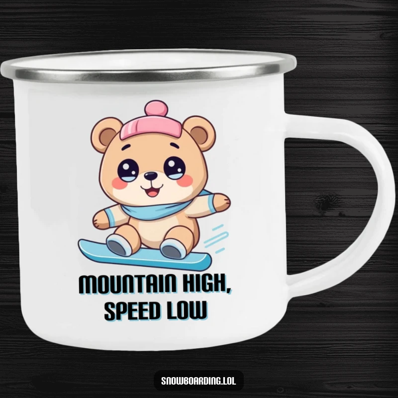 Funny camping mug with a happy bear sporting wide eyes, snowboarding downhill, perfect for outdoor enthusiasts who love humor.
