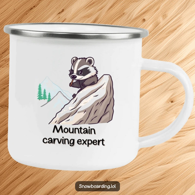 Funny camping mug designed with a brave badger snowboarding smoothly down a mountain, perfect for outdoor drinks and a good laugh, a humorous gift.
