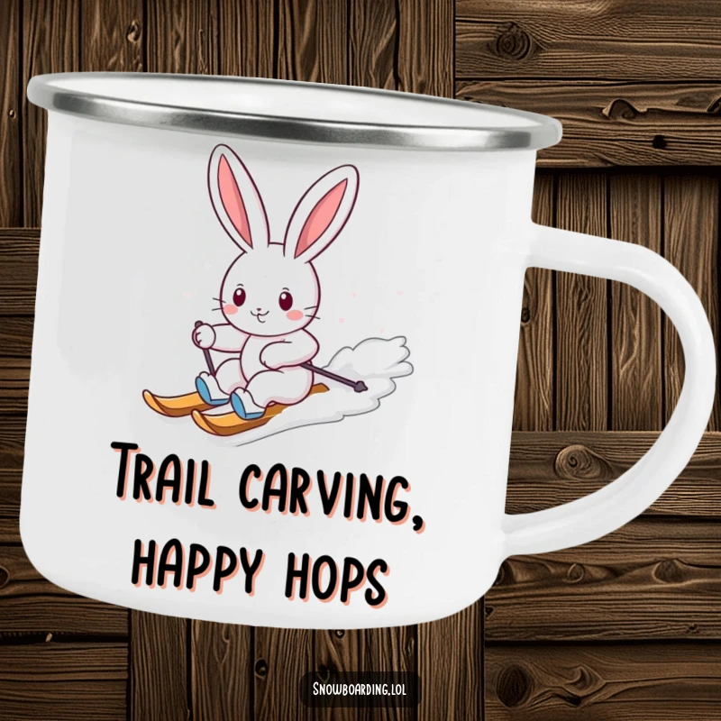 Funny camping mug with a cheerful bunny carving down a snowy slope on a snowboard, perfect for outdoor enthusiasts who love humor.