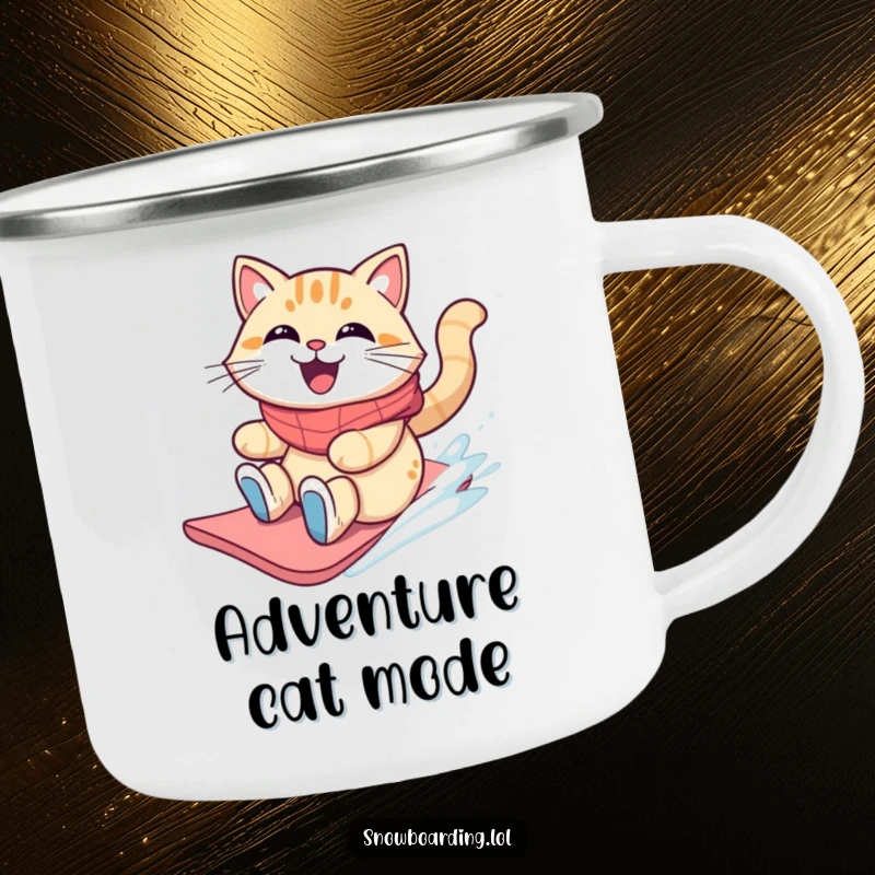 Funny grinning cat sliding on a snowboard with windblown fur on a camping mug.
