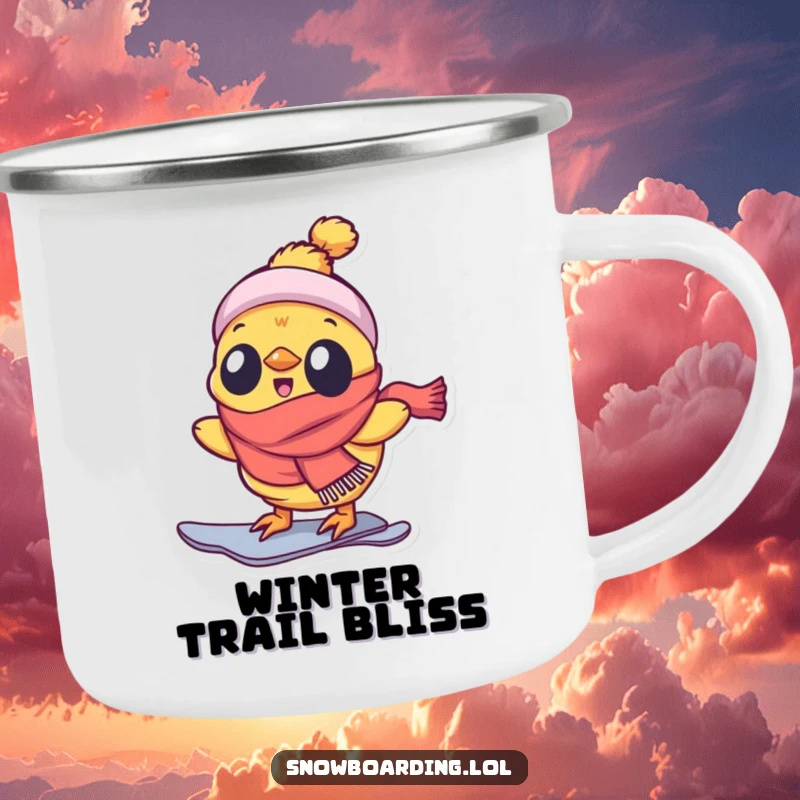 Funny camping mug with a delighted chick snowboarding enthusiastically, ideal for outdoor fun.