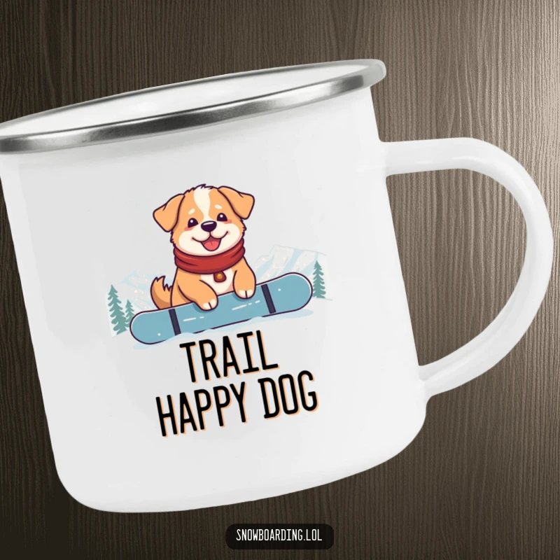 Funny Content Dog Snowboarder Camping Mug: A durable mug featuring a happy dog sitting relaxed on a snowboard.