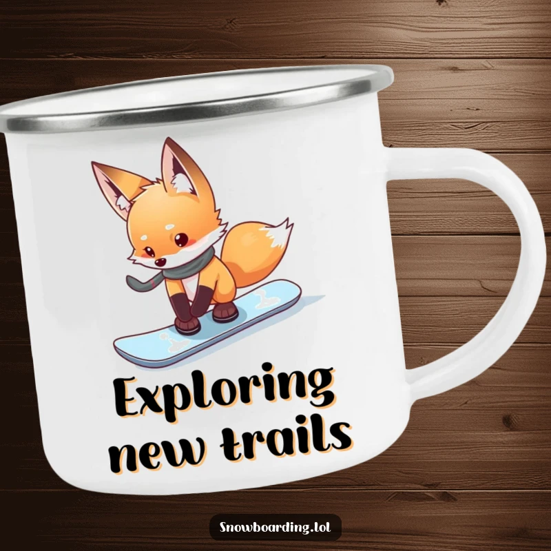 Funny curious fox testing its snowboard on a camping mug, ideal for cautious outdoor enthusiasts.
