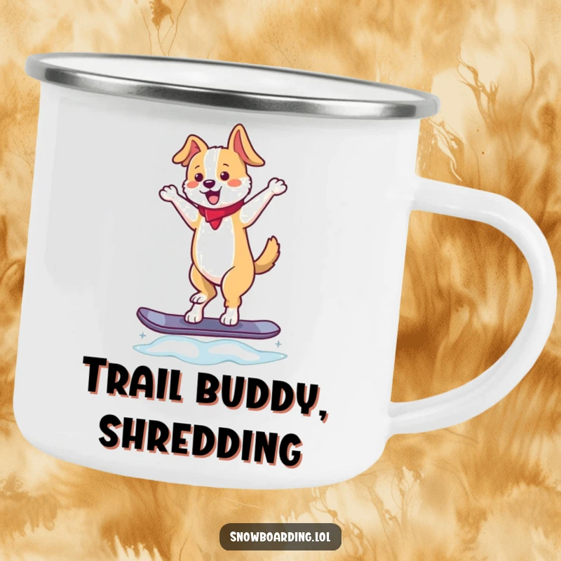 Funny camping mug designed with a dancing dog balancing on a snowboard, tail wagging, bringing humor to outdoor coffee breaks, a great gift.