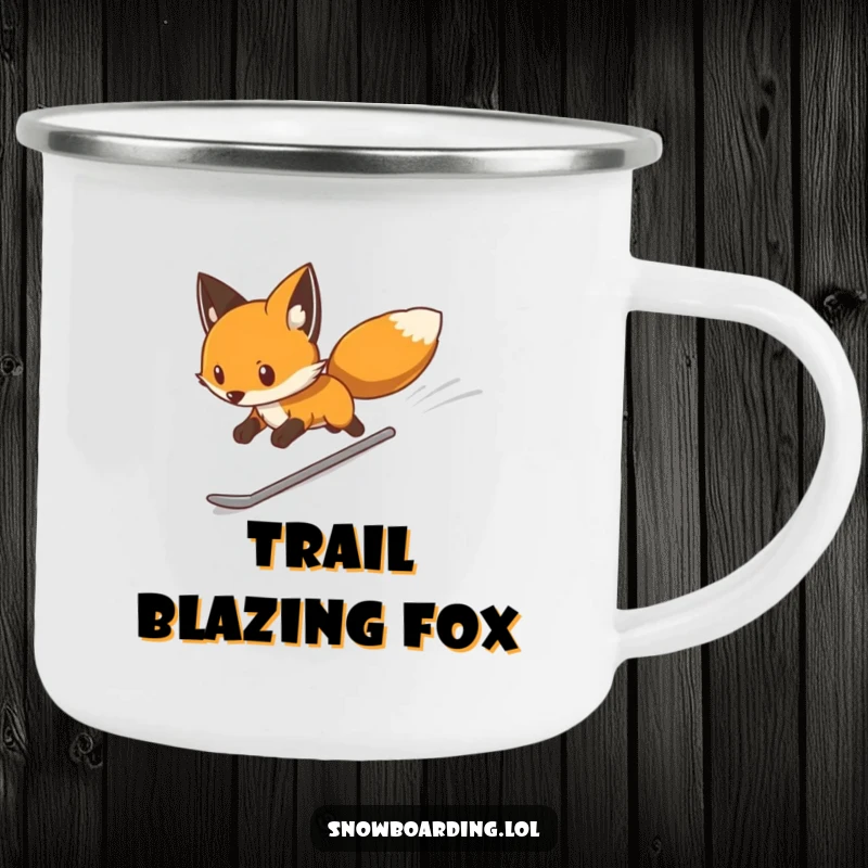 Funny camping mug designed with a determined fox snowboarding swiftly down a mountain, perfect for outdoor drinks and a dose of sleek humor.