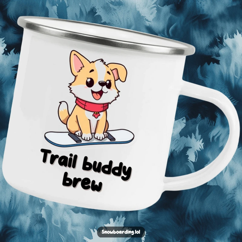 Funny camping mug with a proud dog sitting on a snowboard, tail wagging happily.