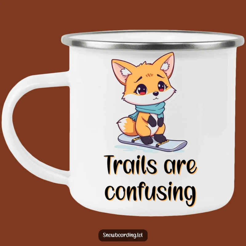 Funny Fox Camping Mug, Confused Snowboarder Enamel Cup for Outdoor Laughs