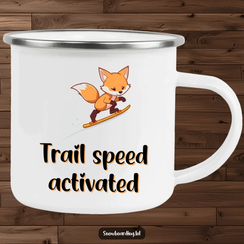 Funny fox skiing camping mug, showcasing a determined fox gliding down a snowy slope, ideal for outdoor use.