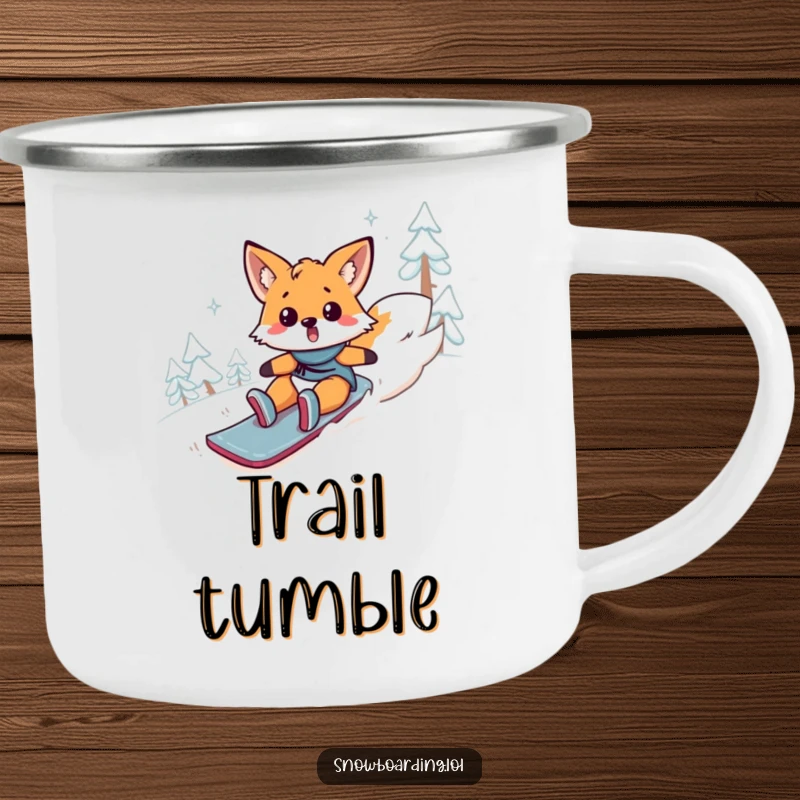 Funny fox camping mug, a surprised animal comically tumbling down a snowy mountain. For outdoor laughs. Humorous travel companion.