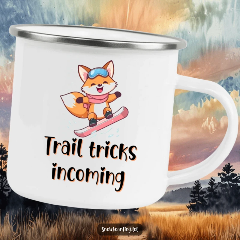Funny happy fox attempting a flip on a snowboard on a camping mug.