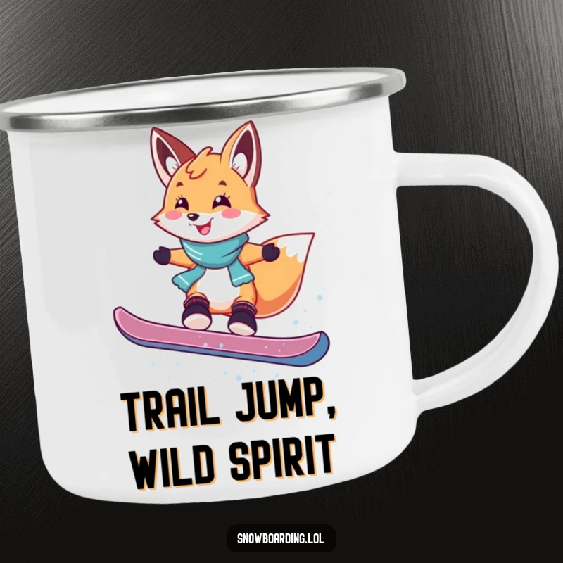 Funny camping mug with a smiling fox mid-air during a playful snowboard jump, perfect for outdoor enthusiasts who love humor.