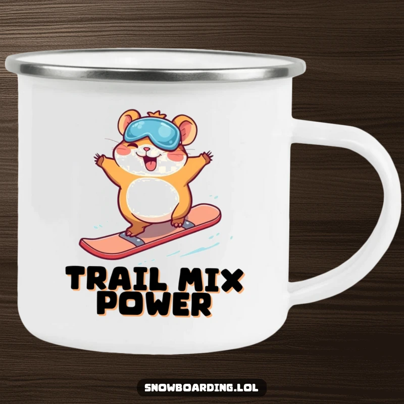 Funny giggling hamster mid-jump on a snowboard, depicted on a durable camping mug for humorous outdoor enjoyment.