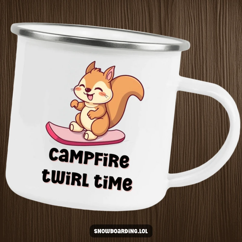Funny giggling squirrel spinning on its snowboard on a camping mug, perfect for outdoor enthusiasts.