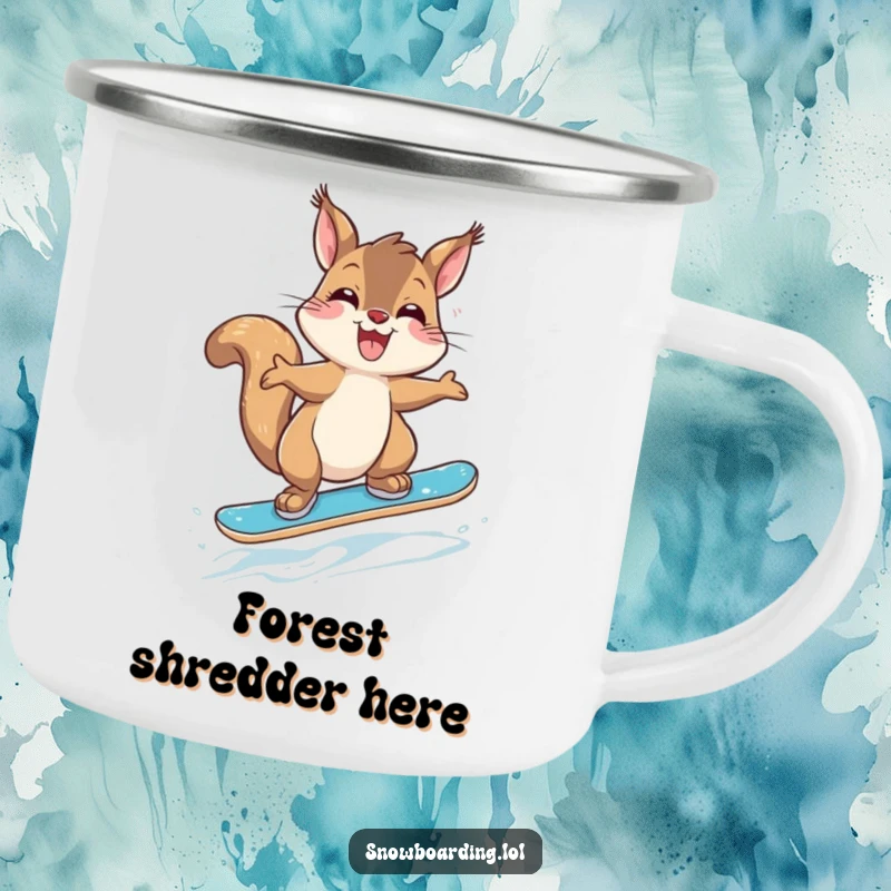 Funny Giggling Squirrel Snowboarder Camping Mug: A durable mug featuring a giggling squirrel jumping on a snowboard.