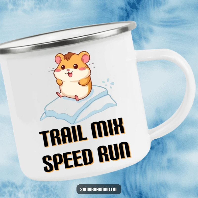 Funny camping mug with a cheerful hamster racing down a small icy incline, perfect for outdoor fun and evoking speedy humor.