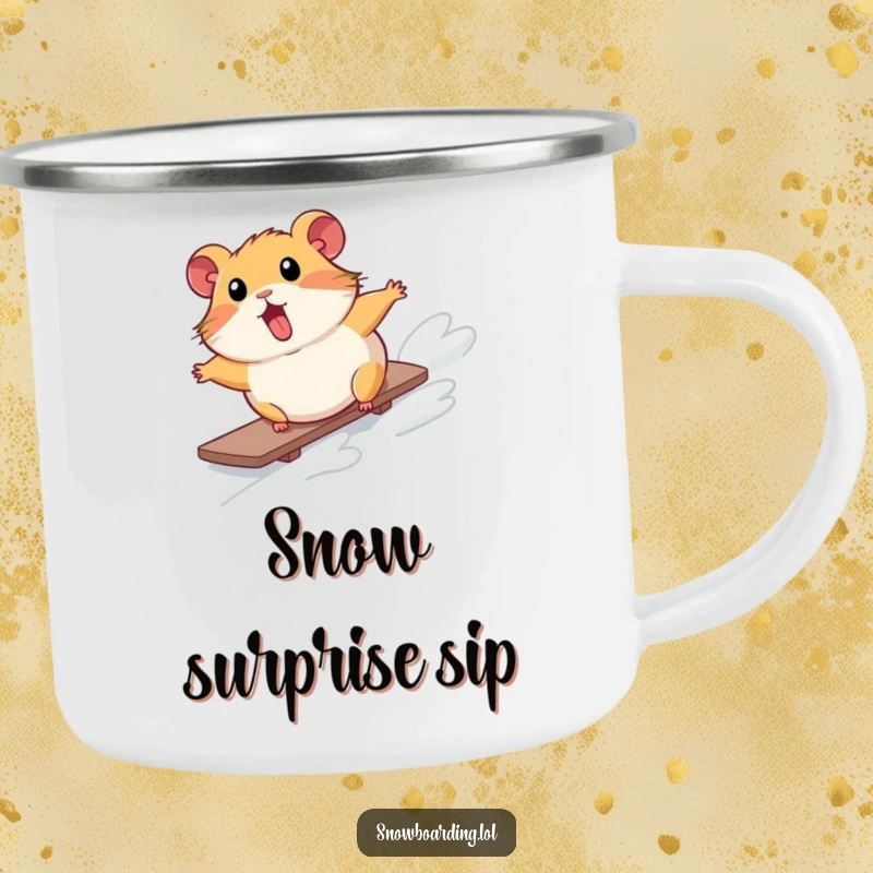 Funny camping mug showing a surprised hamster comically tumbling down a snowy slope on a snowboard, perfect for winter adventures.