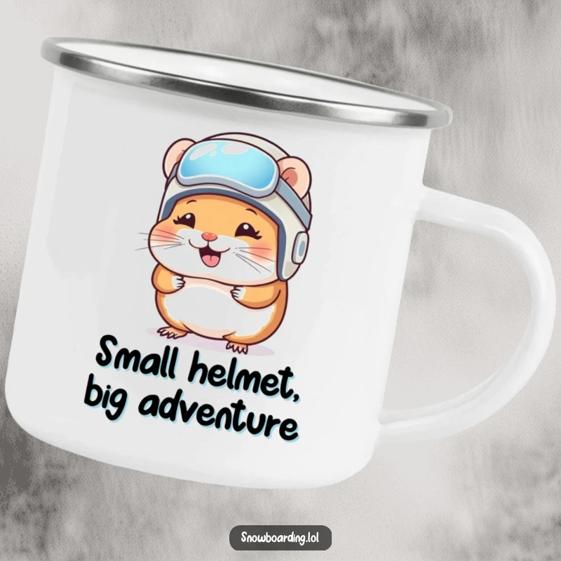 Funny Camping Mug: A giggling hamster wears a snowboard helmet, ideal for hot drinks on outdoor adventures.