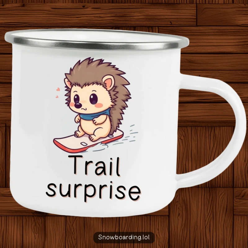 Funny camping mug featuring a curious hedgehog looking surprised on a tiny snowboard, perfect for outdoor drinks and winter cheer.