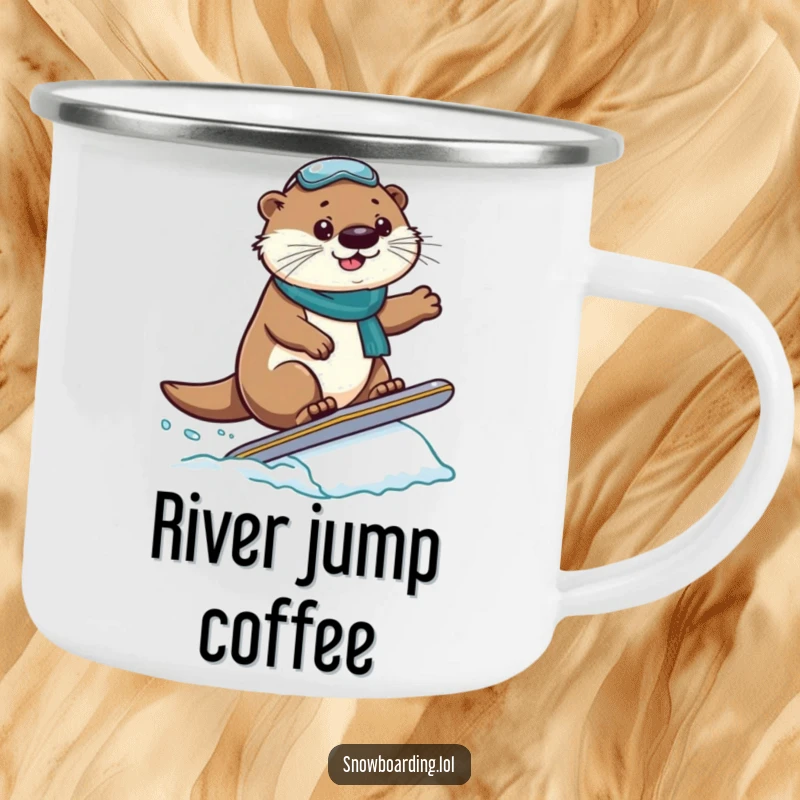Funny Camping Mug: A proud otter lands a snowboard jump, perfect for hot drinks on outdoor adventures.