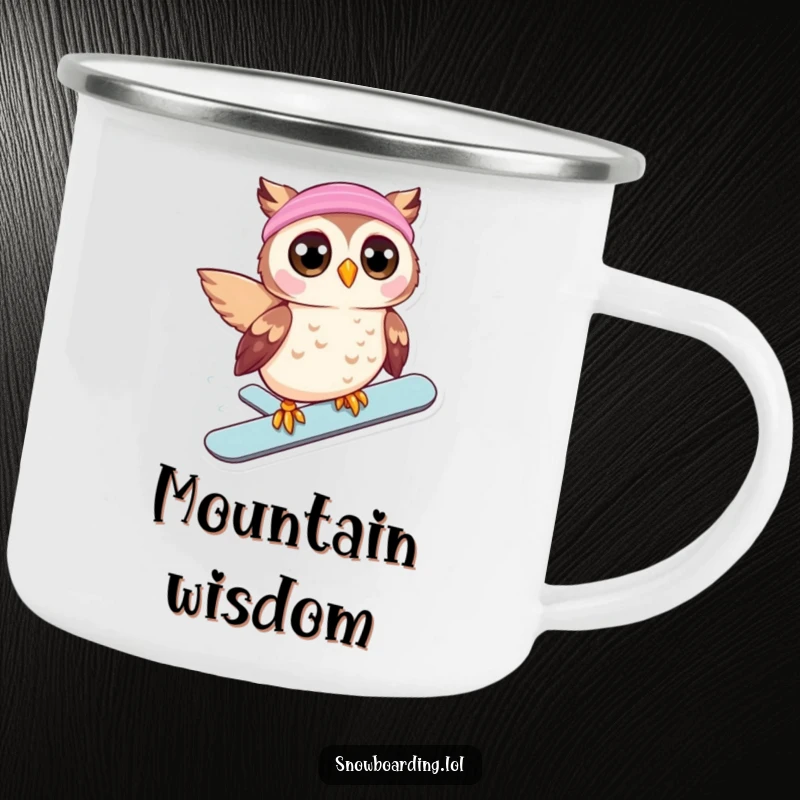 Funny camping mug featuring a beaming owl, eyes wide, snowboarding downhill, perfect for outdoor drinks and winter cheer.