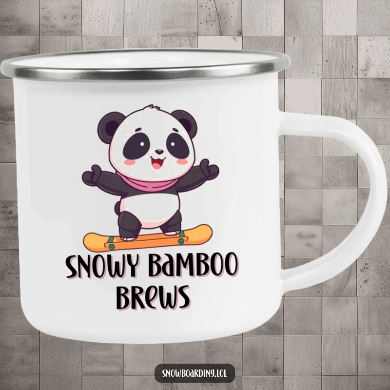 Funny panda precariously balancing on a snowboard, depicted on a durable enamel camping mug.