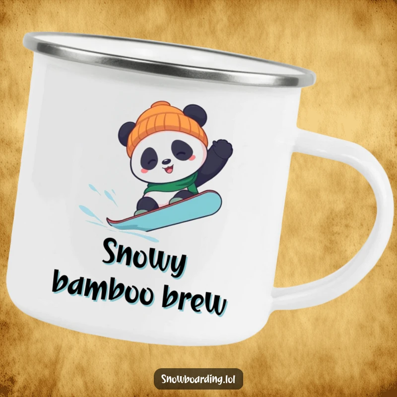 Funny panda snowboard camping mug showing a panda doing a flip, durable and perfect for outdoor adventures with a humorous twist.