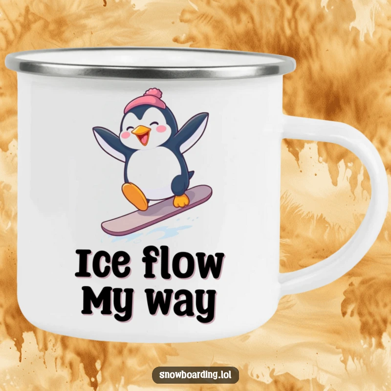 Funny Penguin Snowboard Camping Mug: A penguin attempting a snowboard jump with flailing arms, bringing outdoor fun.