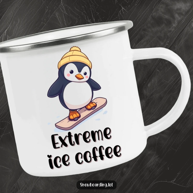 Funny camping mug with a curious penguin wobbling on a snowboard, ideal for outdoor adventures and evoking icy humor.