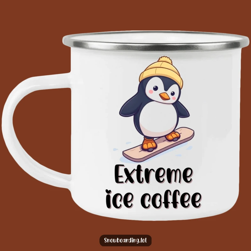 Funny Penguin Snowboarder Camping Mug: Adventure Fuel with a Laugh